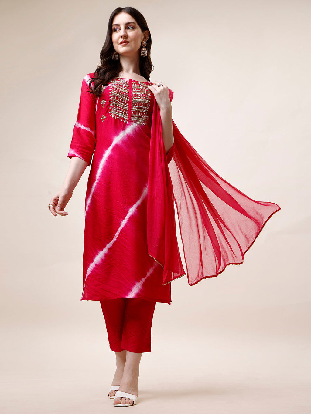 Embroidered And Leheriya Printed Kurta With Pant And Dupatta Set, Multicolor - Hiral Fashion | Grocsy