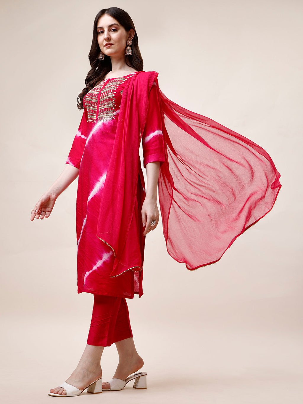 Embroidered And Leheriya Printed Kurta With Pant And Dupatta Set, Multicolor - Hiral Fashion | Grocsy