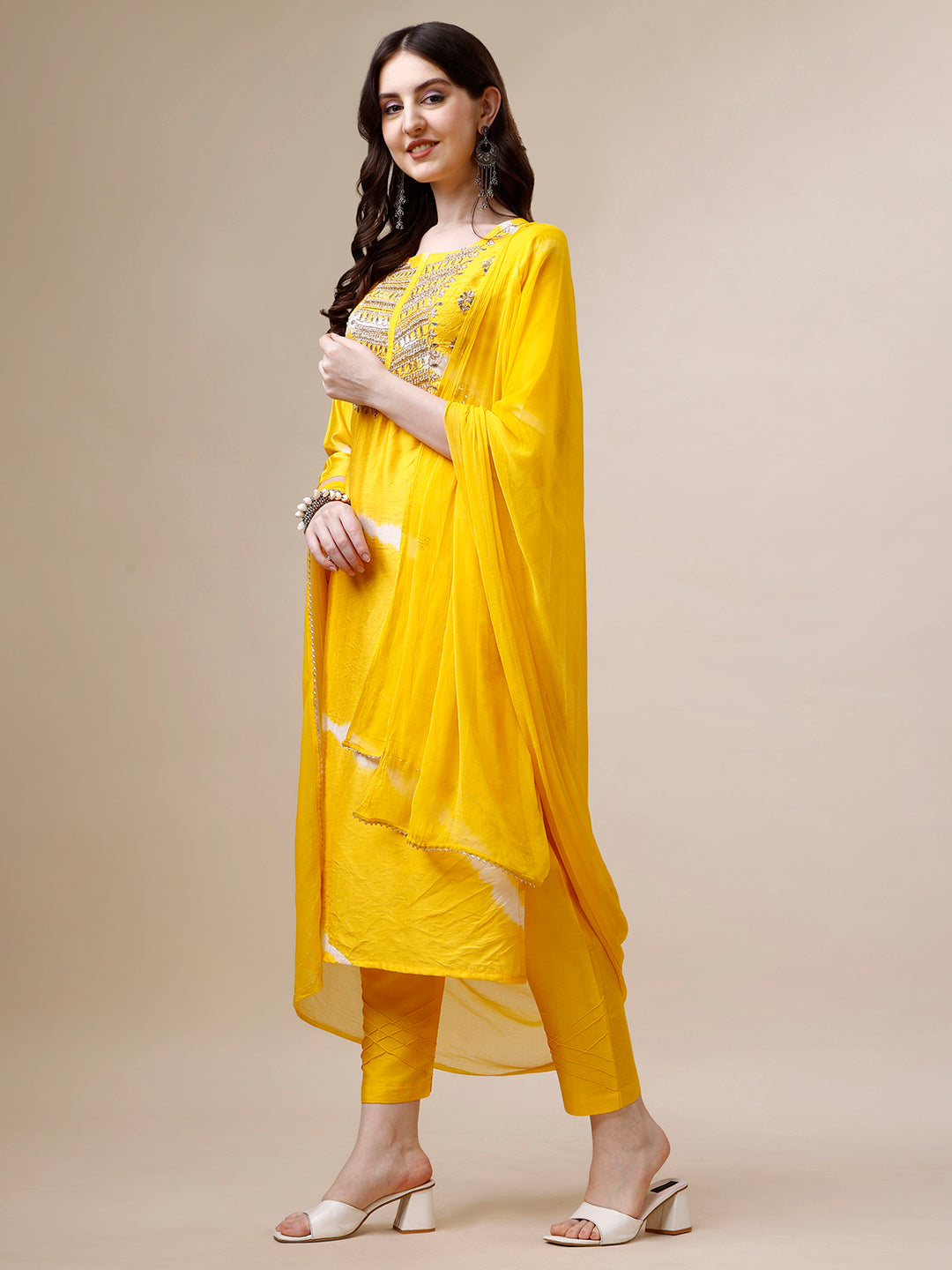 Embroidered And Leheriya Printed Kurta With Pant And Dupatta Set, Multicolor - Hiral Fashion | Grocsy