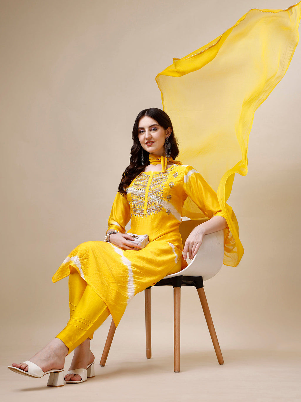 Embroidered And Leheriya Printed Kurta With Pant And Dupatta Set, Multicolor - Hiral Fashion | Grocsy