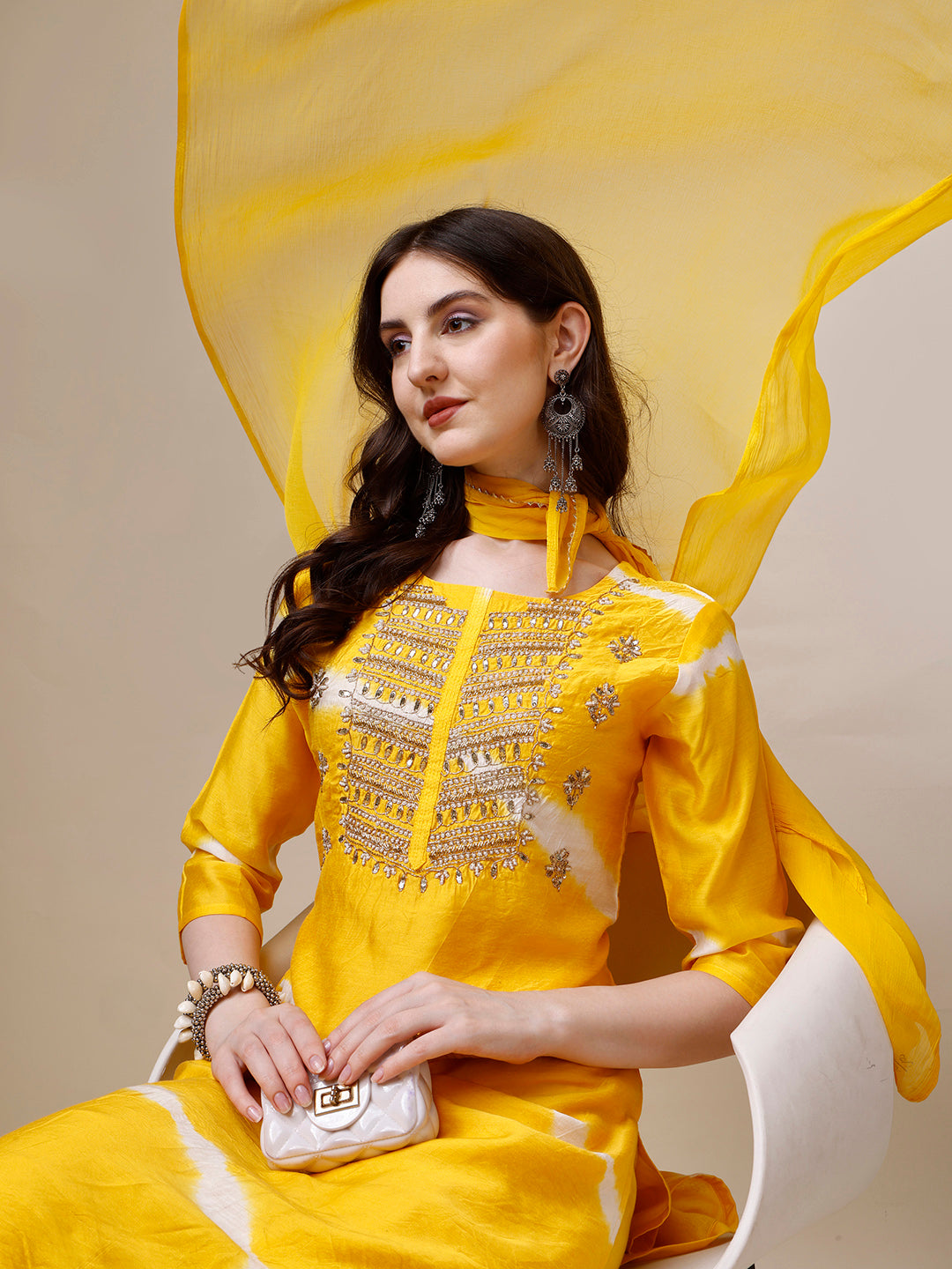Embroidered And Leheriya Printed Kurta With Pant And Dupatta Set, Multicolor - Hiral Fashion | Grocsy