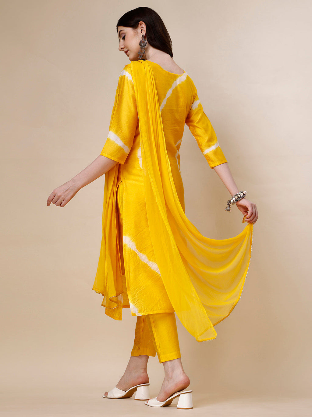 Embroidered And Leheriya Printed Kurta With Pant And Dupatta Set, Multicolor - Hiral Fashion | Grocsy
