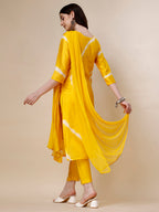 Embroidered And Leheriya Printed Kurta With Pant And Dupatta Set, Multicolor - Hiral Fashion | Grocsy