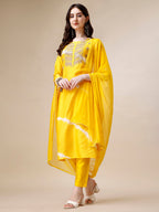 Embroidered And Leheriya Printed Kurta With Pant And Dupatta Set, Multicolor - Hiral Fashion | Grocsy
