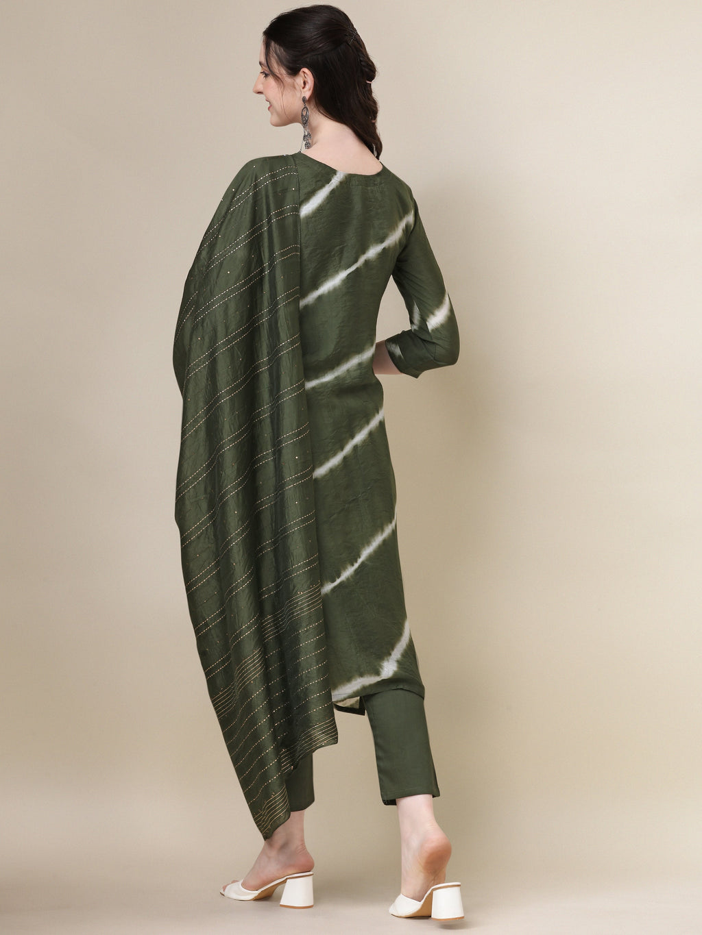 Leheriya Printed & Hand Embroidered Kurta With Pant & Dupatta Set, Multicolor - Hiral Fashion | Grocsy