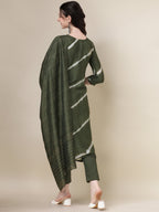 Leheriya Printed & Hand Embroidered Kurta With Pant & Dupatta Set, Multicolor - Hiral Fashion | Grocsy