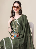 Leheriya Printed & Hand Embroidered Kurta With Pant & Dupatta Set, Multicolor - Hiral Fashion | Grocsy