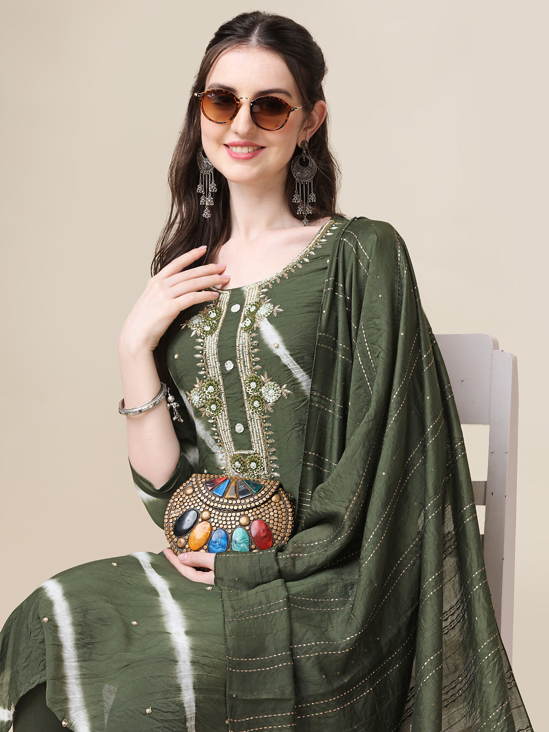 Leheriya Printed & Hand Embroidered Kurta With Pant & Dupatta Set, Multicolor - Hiral Fashion | Grocsy