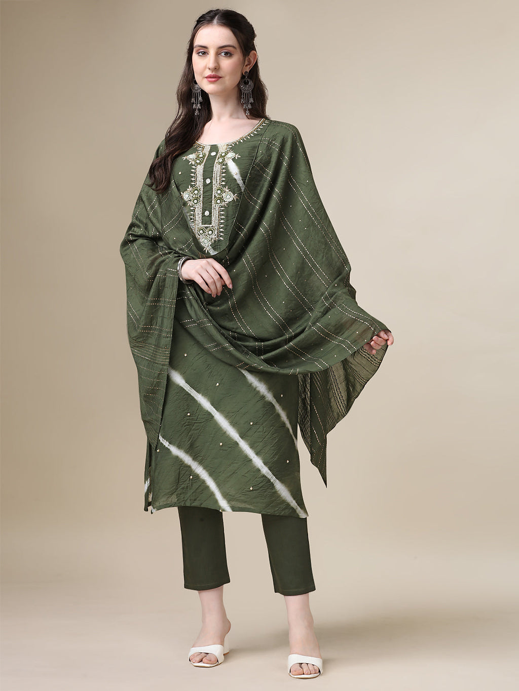 Leheriya Printed & Hand Embroidered Kurta With Pant & Dupatta Set, Multicolor - Hiral Fashion | Grocsy