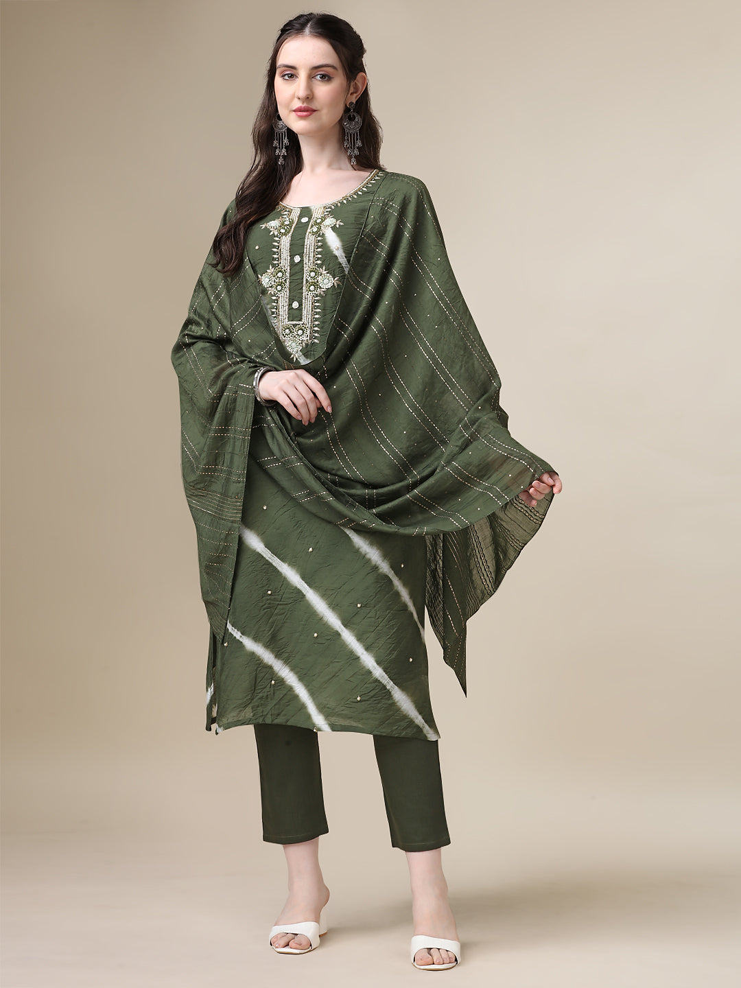 Leheriya Printed & Hand Embroidered Kurta With Pant & Dupatta Set, Multicolor - Hiral Fashion | Grocsy