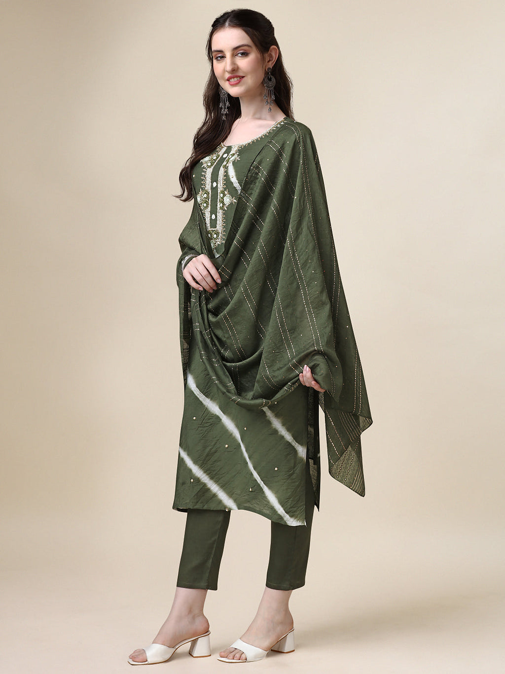 Leheriya Printed & Hand Embroidered Kurta With Pant & Dupatta Set, Multicolor - Hiral Fashion | Grocsy