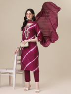 Leheriya Printed & Hand Embroidered Kurta With Pant & Dupatta Set, Multicolor - Hiral Fashion | Grocsy