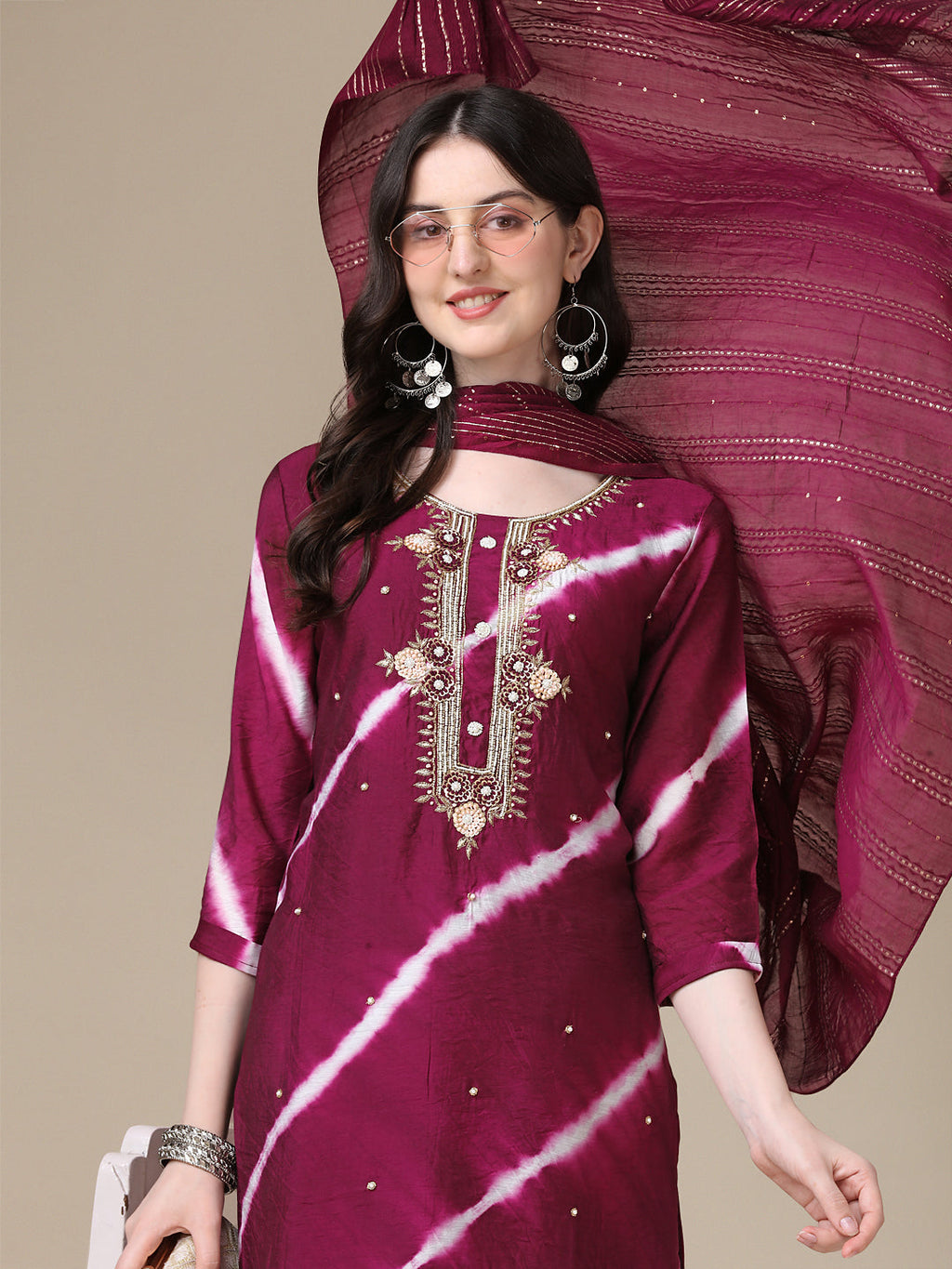 Leheriya Printed & Hand Embroidered Kurta With Pant & Dupatta Set, Multicolor - Hiral Fashion | Grocsy