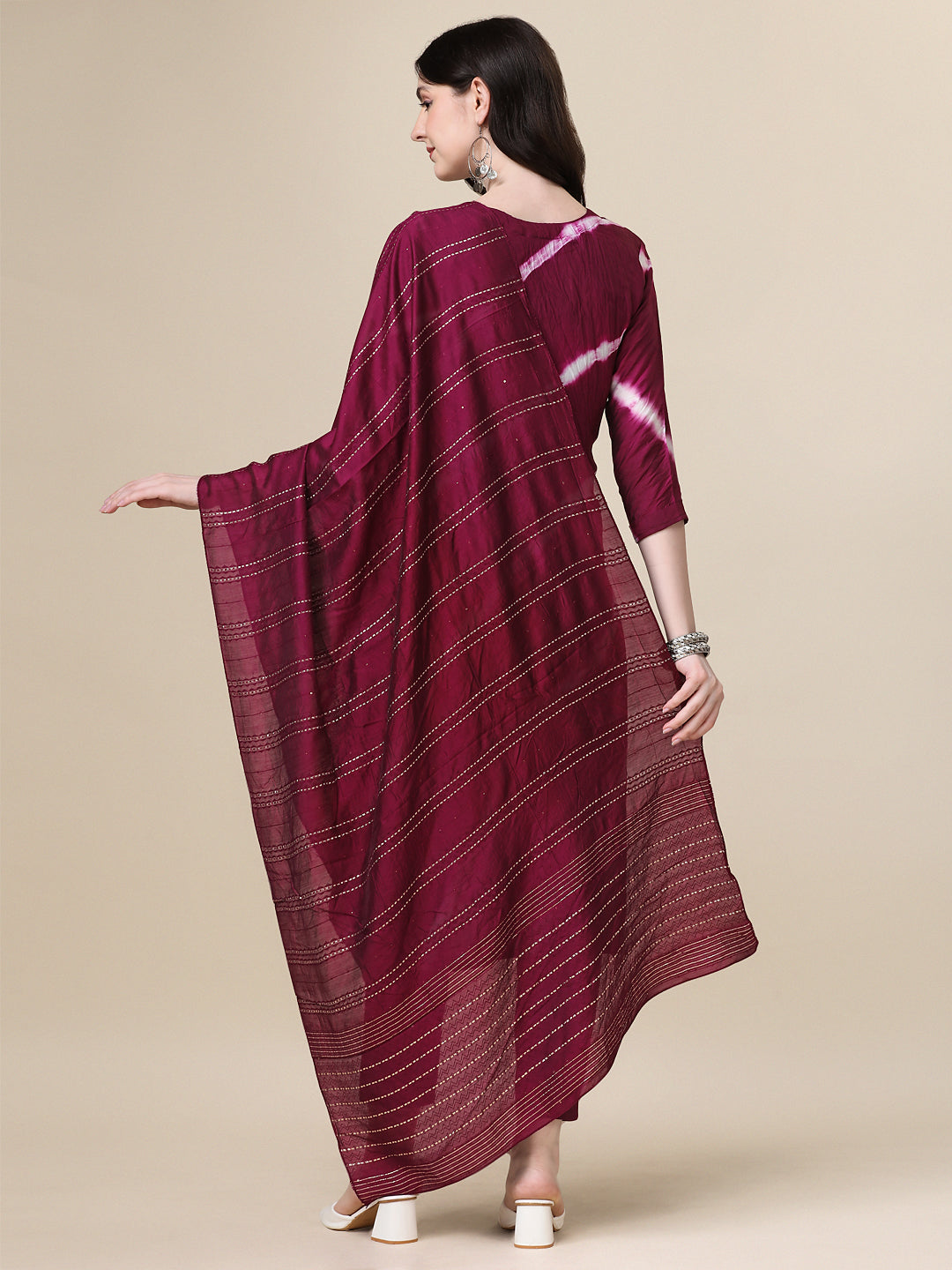 Leheriya Printed & Hand Embroidered Kurta With Pant & Dupatta Set, Multicolor - Hiral Fashion | Grocsy