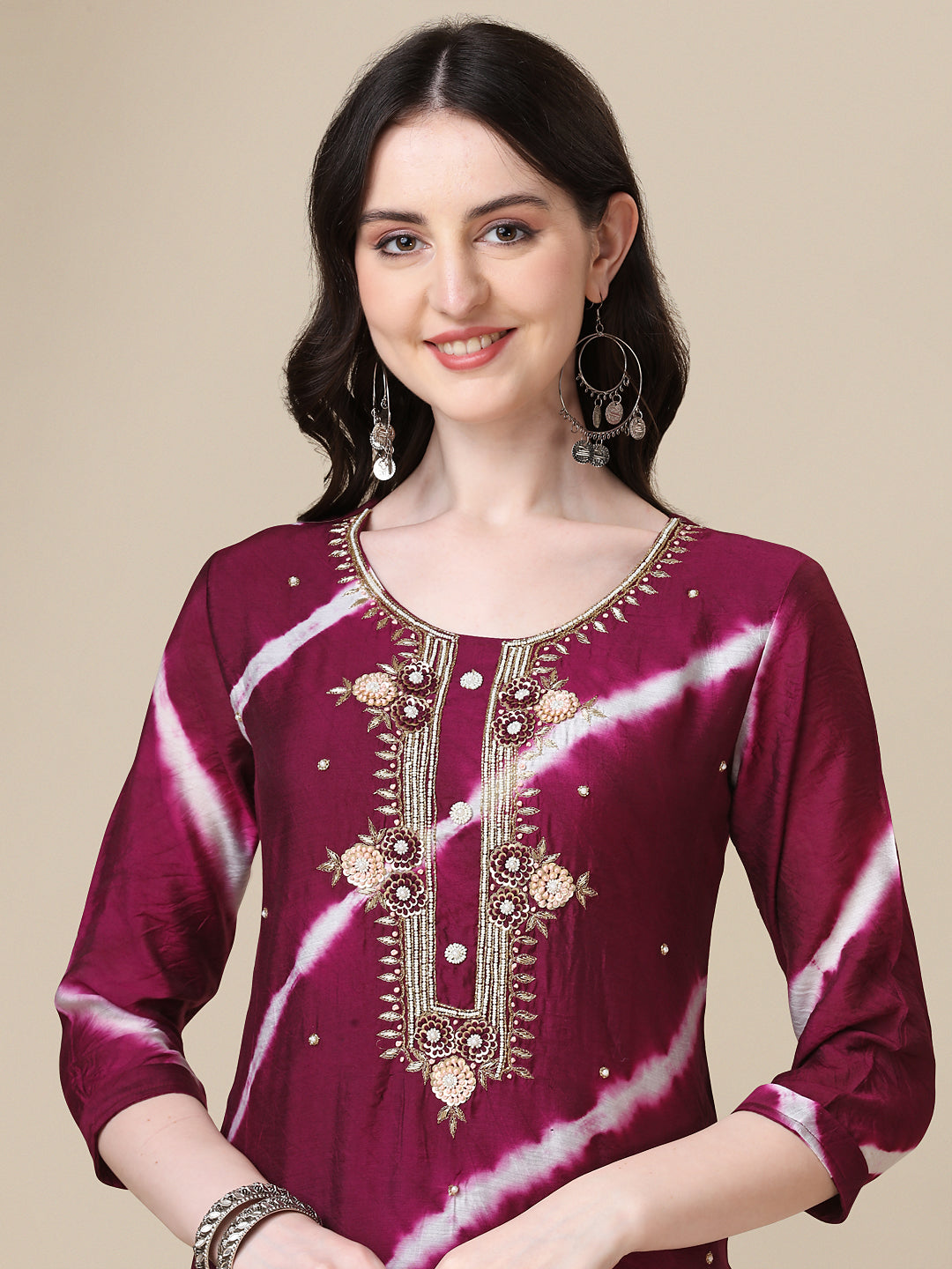 Leheriya Printed & Hand Embroidered Kurta With Pant & Dupatta Set, Multicolor - Hiral Fashion | Grocsy