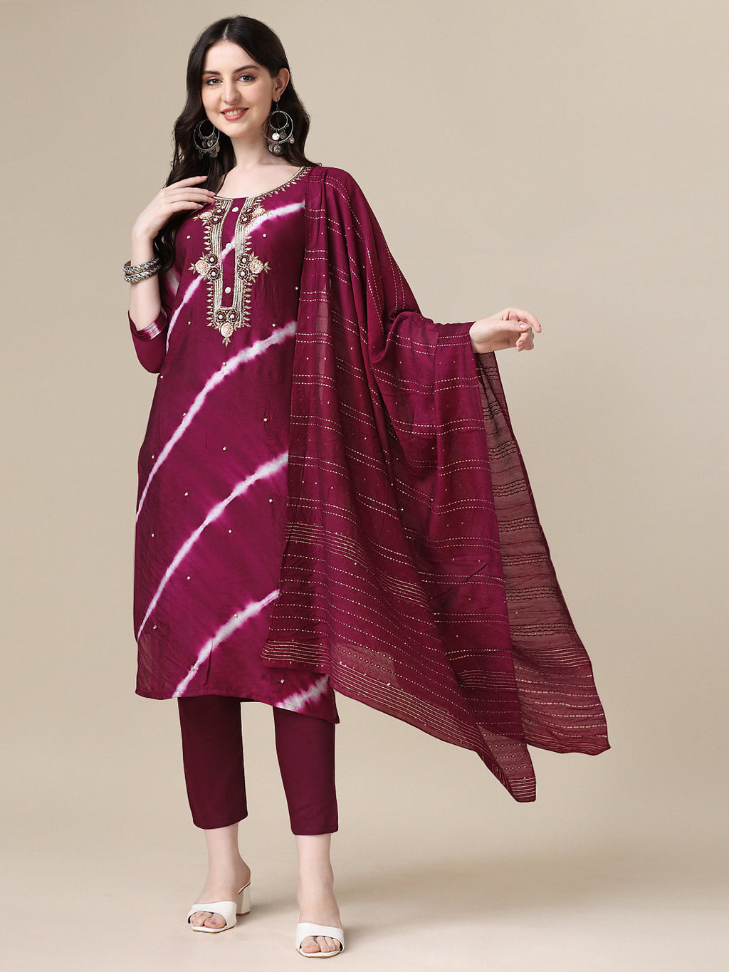 Leheriya Printed & Hand Embroidered Kurta With Pant & Dupatta Set, Multicolor - Hiral Fashion | Grocsy