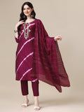 Leheriya Printed & Hand Embroidered Kurta With Pant & Dupatta Set, Multicolor - Hiral Fashion | Grocsy