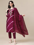 Leheriya Printed & Hand Embroidered Kurta With Pant & Dupatta Set, Multicolor - Hiral Fashion | Grocsy