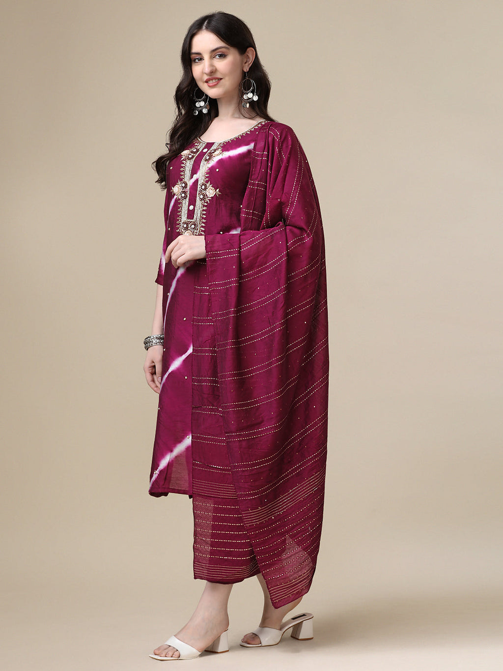 Leheriya Printed & Hand Embroidered Kurta With Pant & Dupatta Set, Multicolor - Hiral Fashion | Grocsy