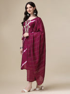 Leheriya Printed & Hand Embroidered Kurta With Pant & Dupatta Set, Multicolor - Hiral Fashion | Grocsy
