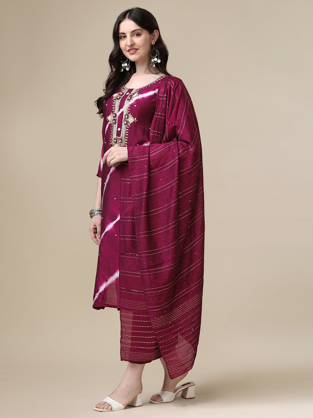 Leheriya Printed & Hand Embroidered Kurta With Pant & Dupatta Set, Multicolor - Hiral Fashion | Grocsy