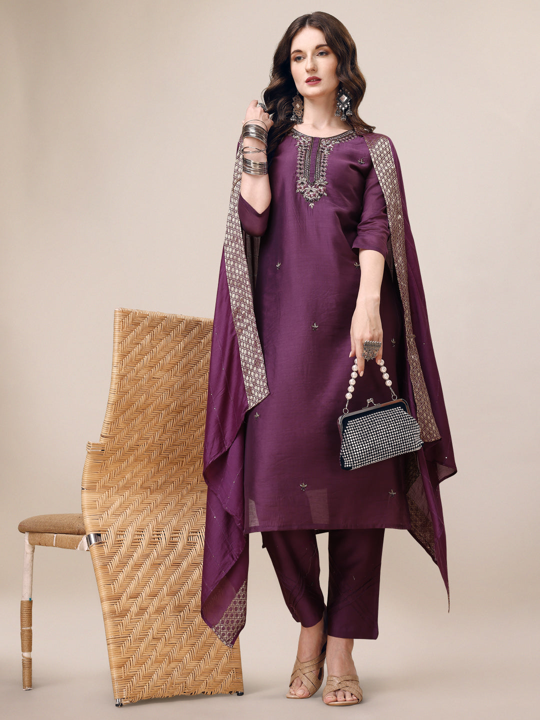Hand Embroidered Kurta With Pant & Dupatta Set, Multicolor - Hiral Fashion | Grocsy