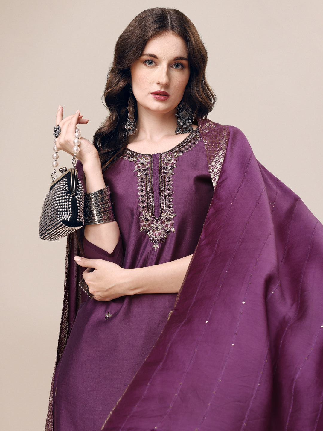 Hand Embroidered Kurta With Pant & Dupatta Set, Multicolor - Hiral Fashion | Grocsy