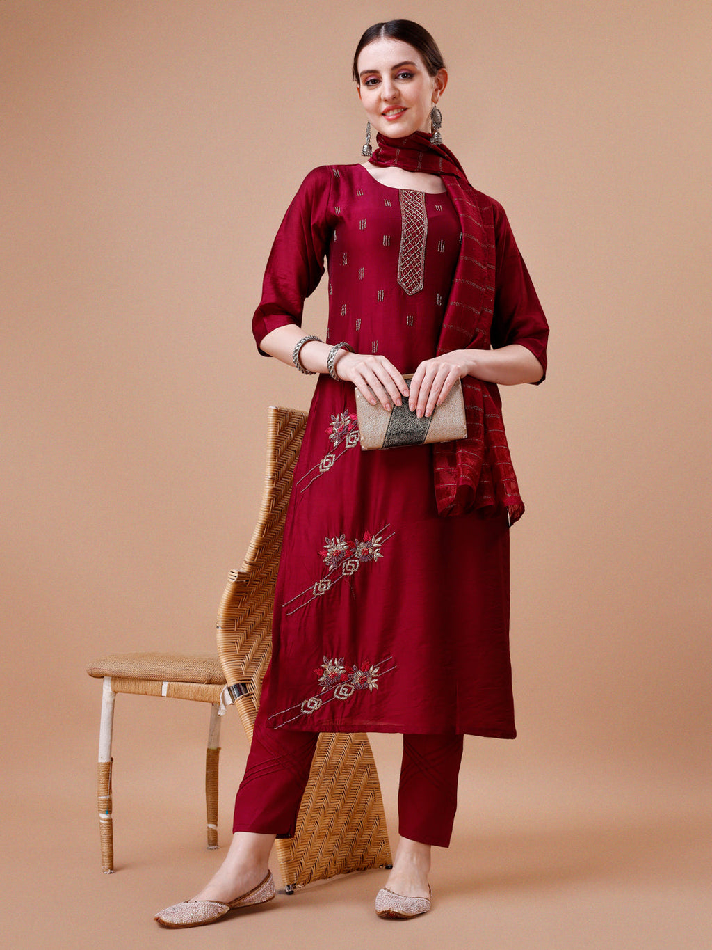 Placement Hand Embroidered Kurta With Pant & Dupatta Set, Multicolor - Hiral Fashion | Grocsy