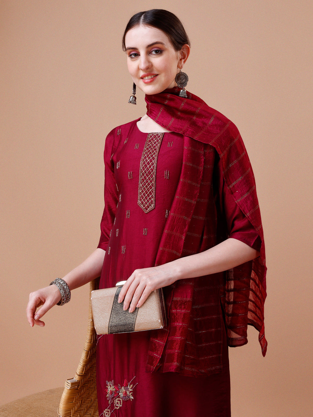 Placement Hand Embroidered Kurta With Pant & Dupatta Set, Multicolor - Hiral Fashion | Grocsy