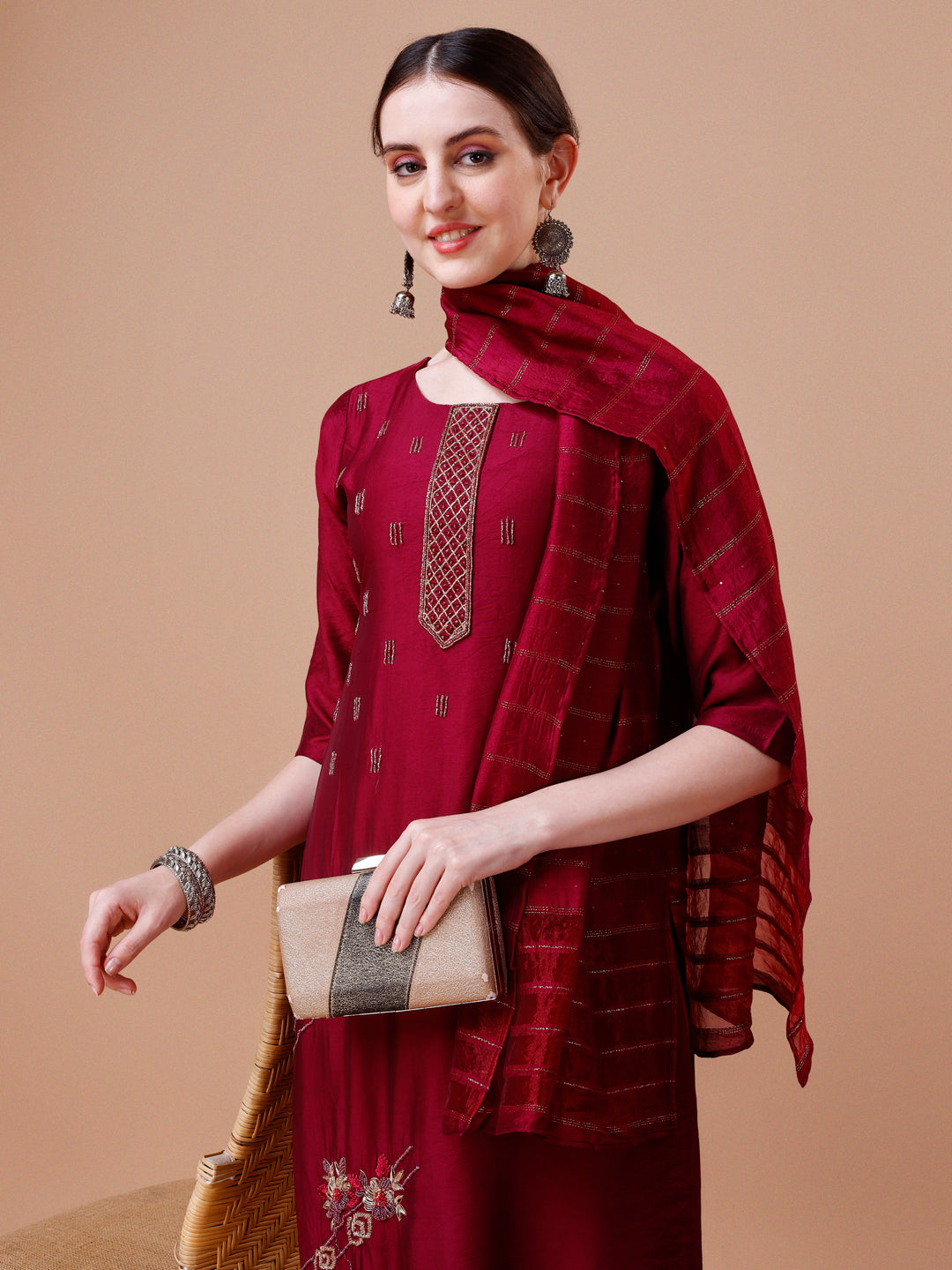 Placement Hand Embroidered Kurta With Pant & Dupatta Set, Multicolor - Hiral Fashion | Grocsy