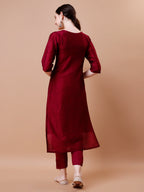 Placement Hand Embroidered Kurta With Pant & Dupatta Set, Multicolor - Hiral Fashion | Grocsy