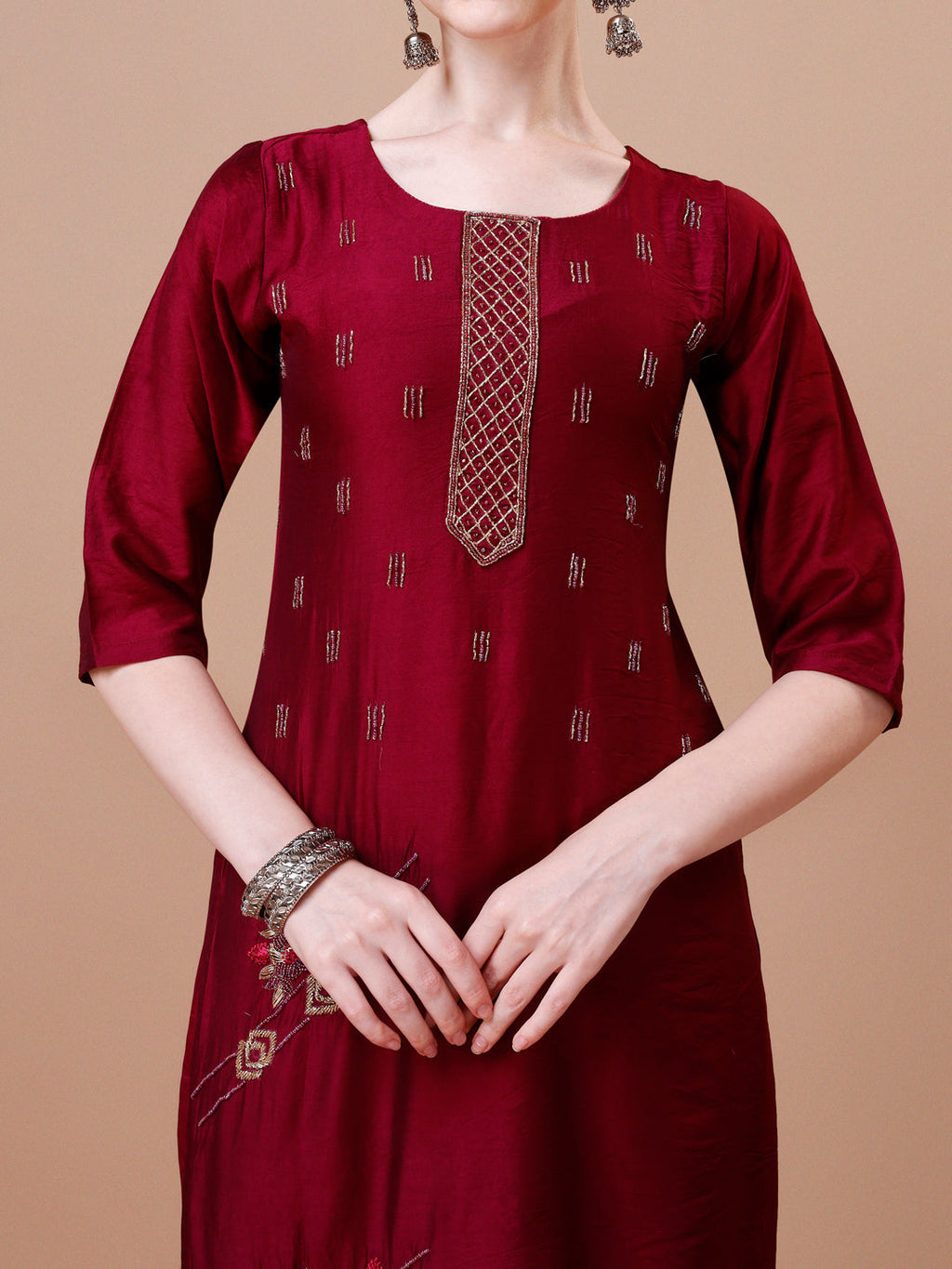 Placement Hand Embroidered Kurta With Pant & Dupatta Set, Multicolor - Hiral Fashion | Grocsy