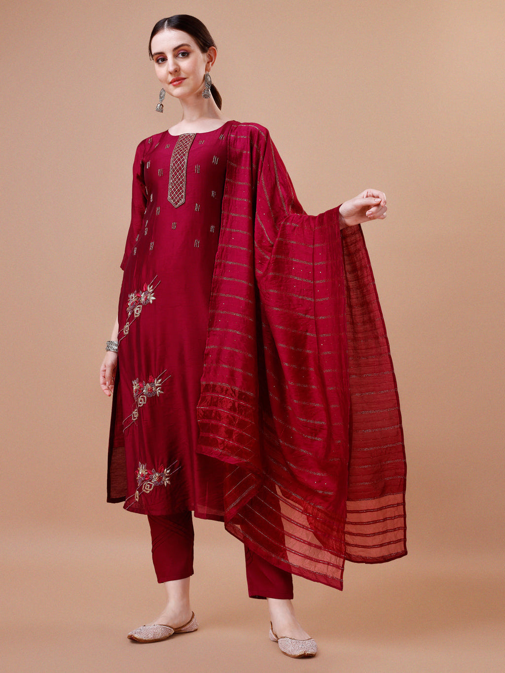 Placement Hand Embroidered Kurta With Pant & Dupatta Set, Multicolor - Hiral Fashion | Grocsy