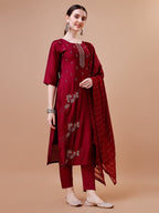 Placement Hand Embroidered Kurta With Pant & Dupatta Set, Multicolor - Hiral Fashion | Grocsy