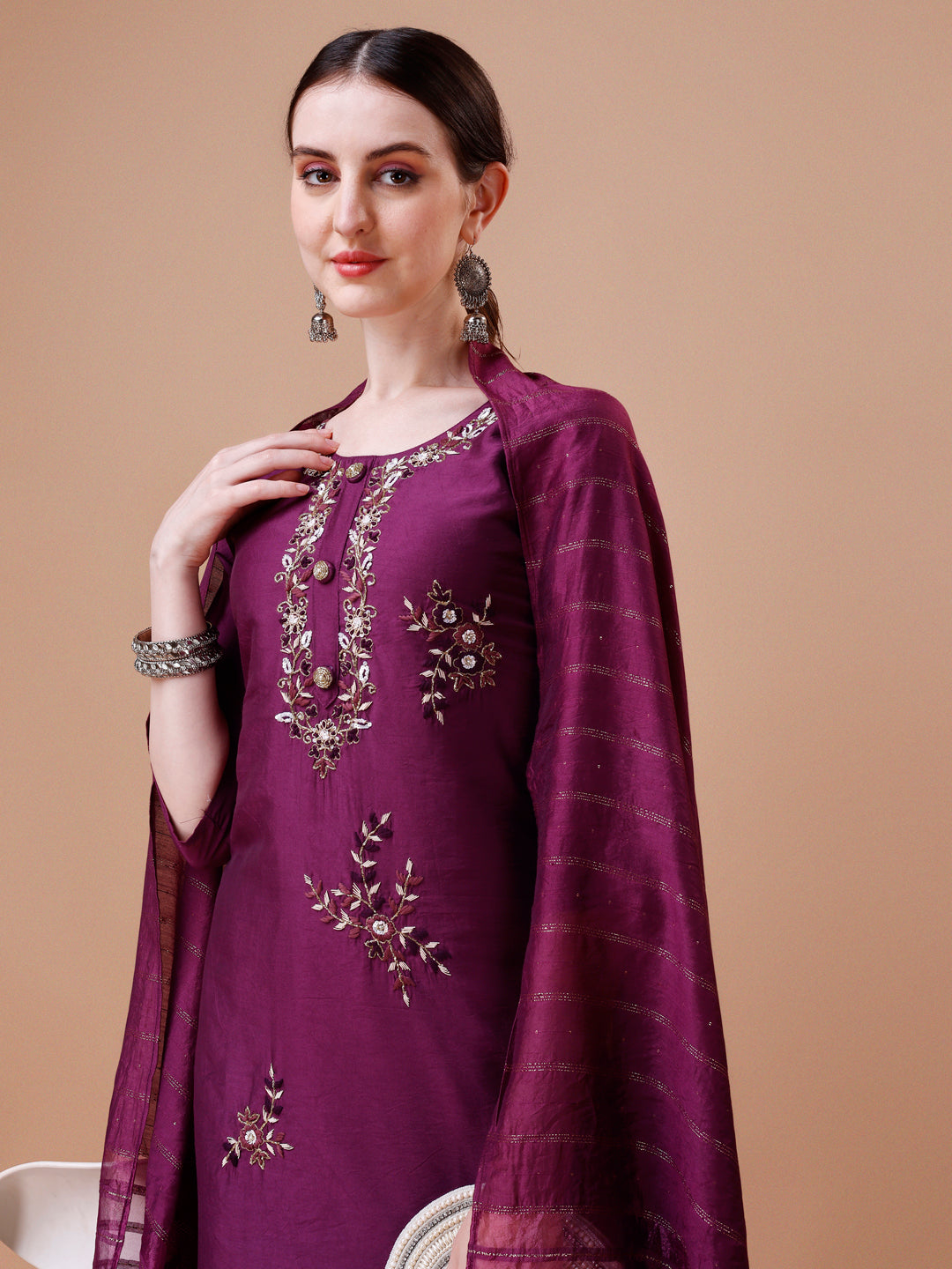 Placement Hand Embroidered Kurta With Pant & Dupatta Set, Multicolor - Hiral Fashion | Grocsy