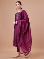 Placement Hand Embroidered Kurta With Pant & Dupatta Set, Multicolor - Hiral Fashion | Grocsy