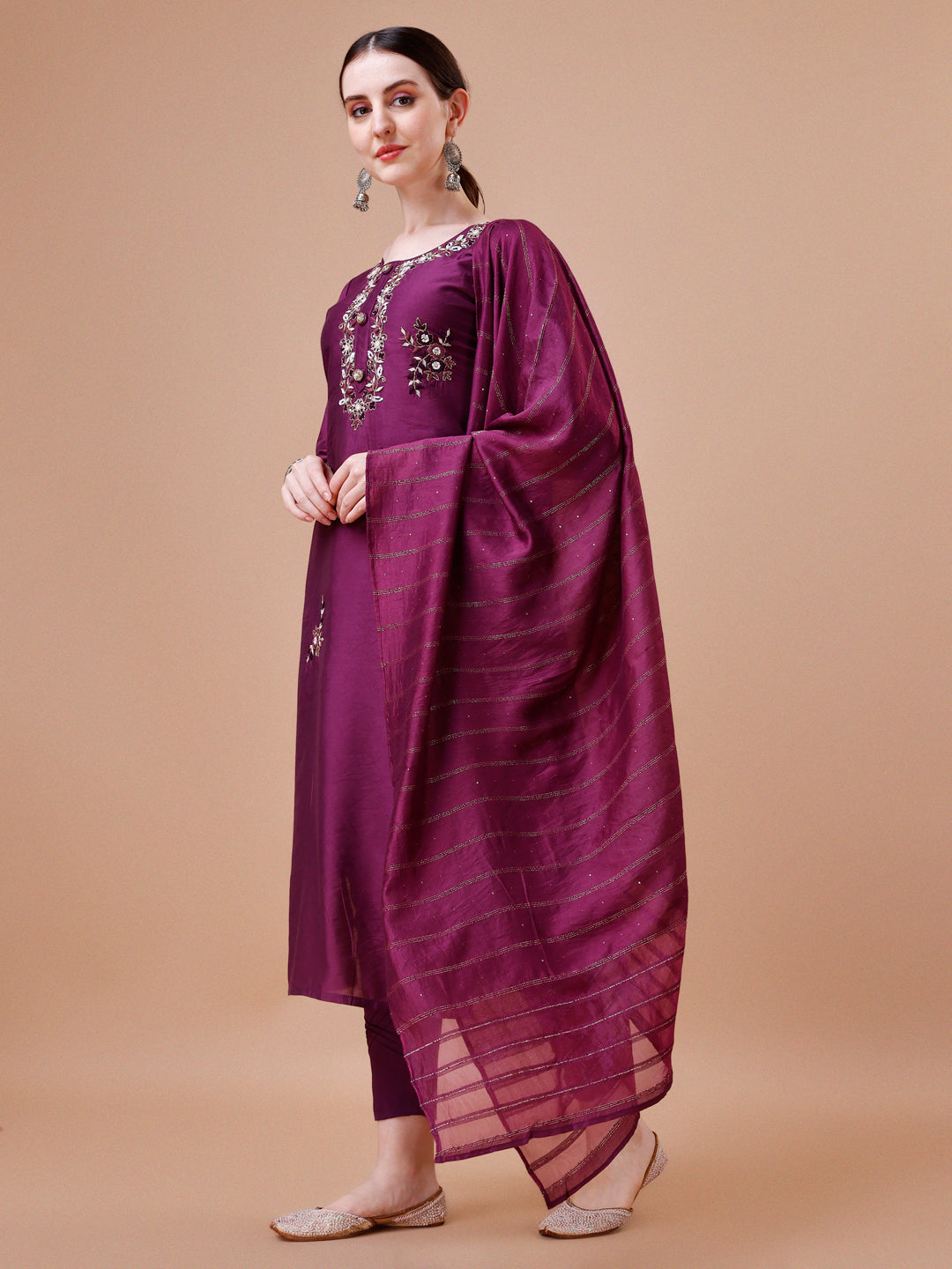 Placement Hand Embroidered Kurta With Pant & Dupatta Set, Multicolor - Hiral Fashion | Grocsy