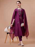 Placement Hand Embroidered Kurta With Pant & Dupatta Set, Multicolor - Hiral Fashion | Grocsy