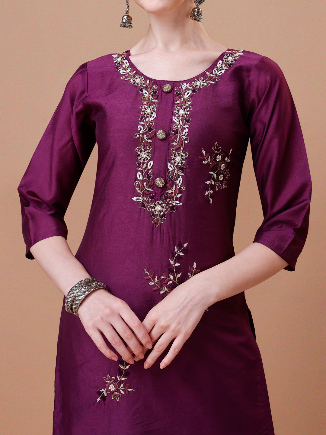 Placement Hand Embroidered Kurta With Pant & Dupatta Set, Multicolor - Hiral Fashion | Grocsy