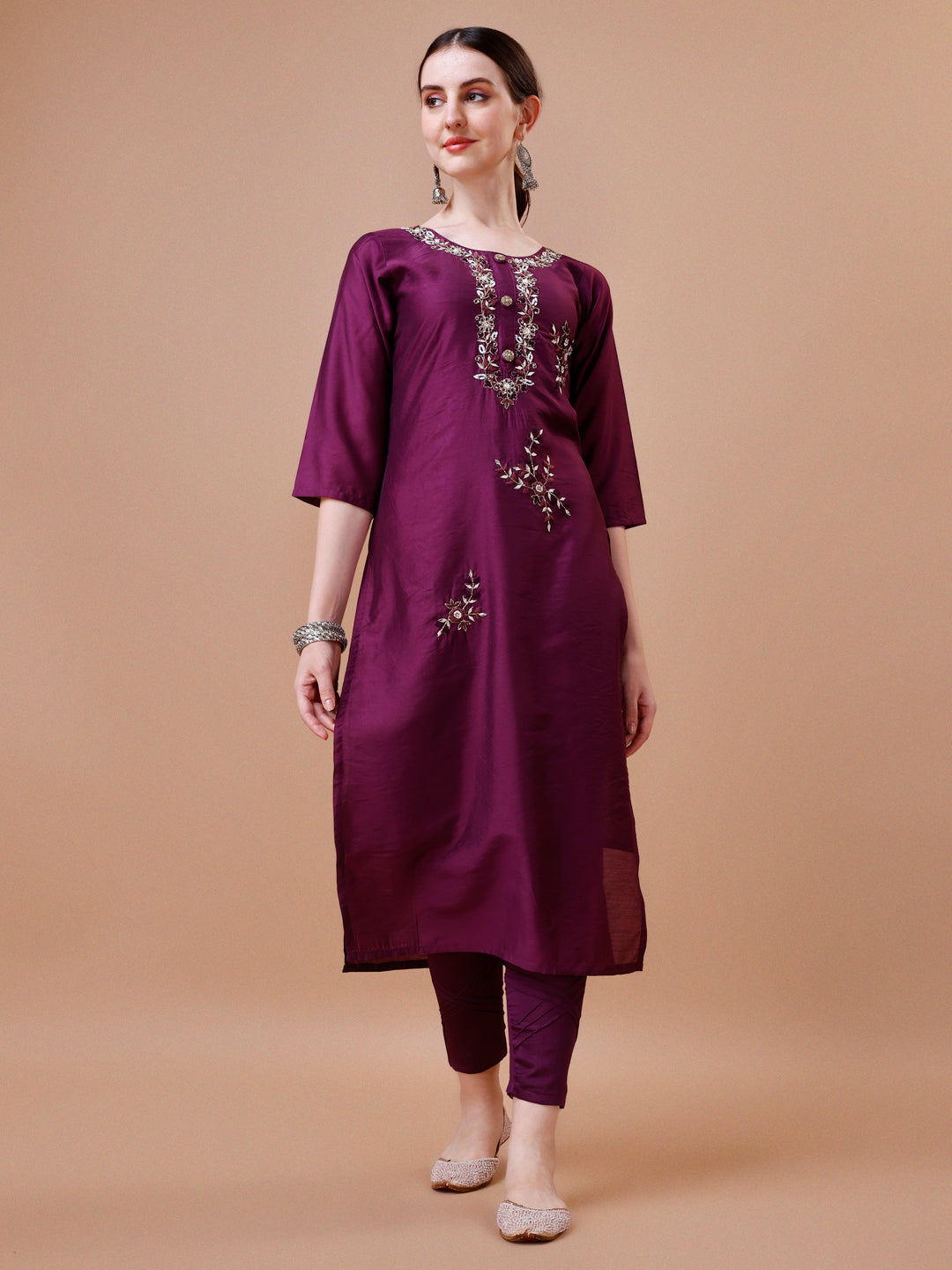 Placement Hand Embroidered Kurta With Pant & Dupatta Set, Multicolor - Hiral Fashion | Grocsy