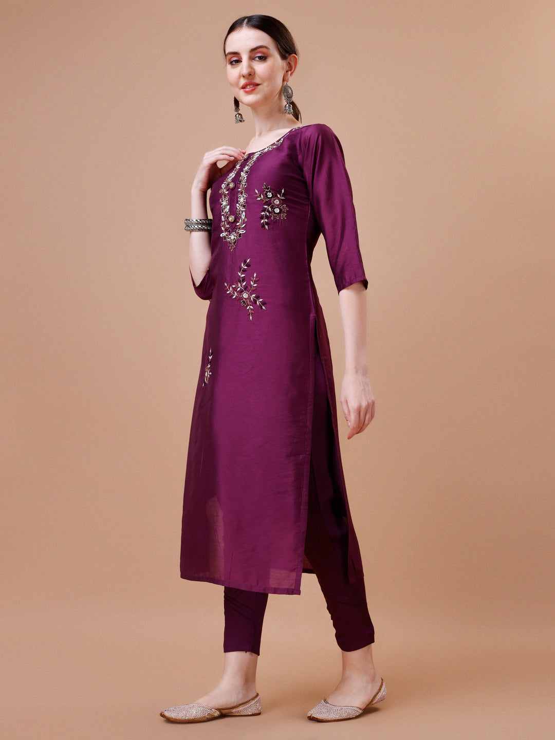 Placement Hand Embroidered Kurta With Pant & Dupatta Set, Multicolor - Hiral Fashion | Grocsy