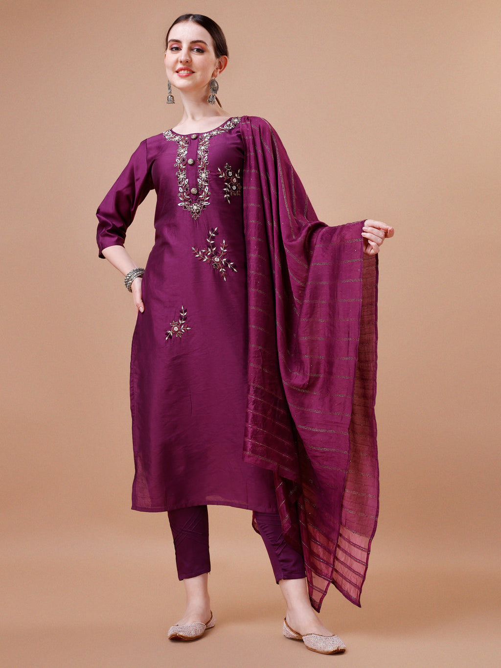 Placement Hand Embroidered Kurta With Pant & Dupatta Set, Multicolor - Hiral Fashion | Grocsy