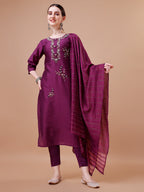 Placement Hand Embroidered Kurta With Pant & Dupatta Set, Multicolor - Hiral Fashion | Grocsy