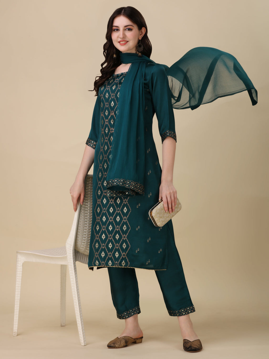 Foil Printed Kurta With Pant And Dupatta Set, Multicolor - Hiral Fashion | Grocsy