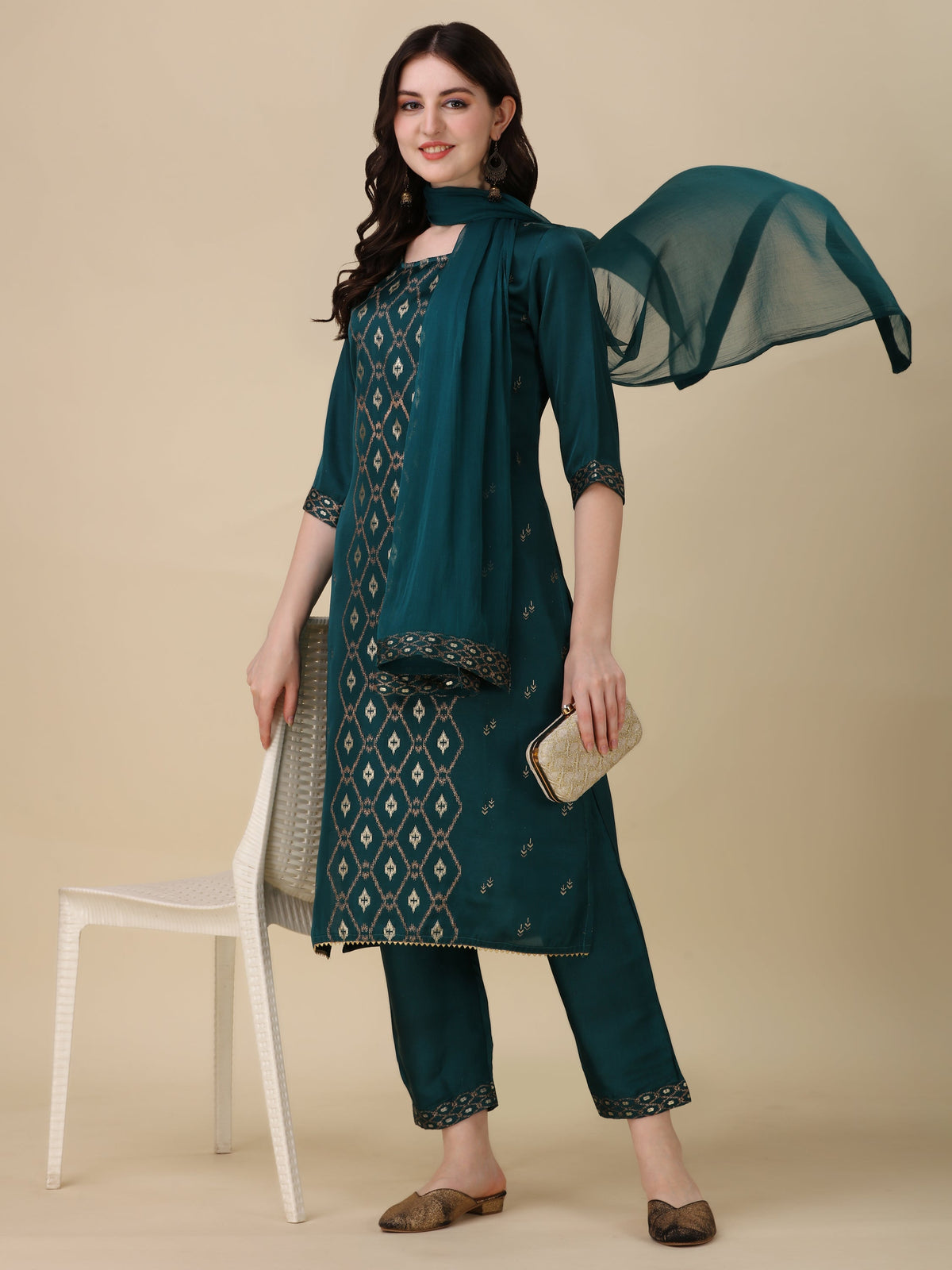 Foil Printed Kurta With Pant And Dupatta Set, Multicolor - Hiral Fashion | Grocsy