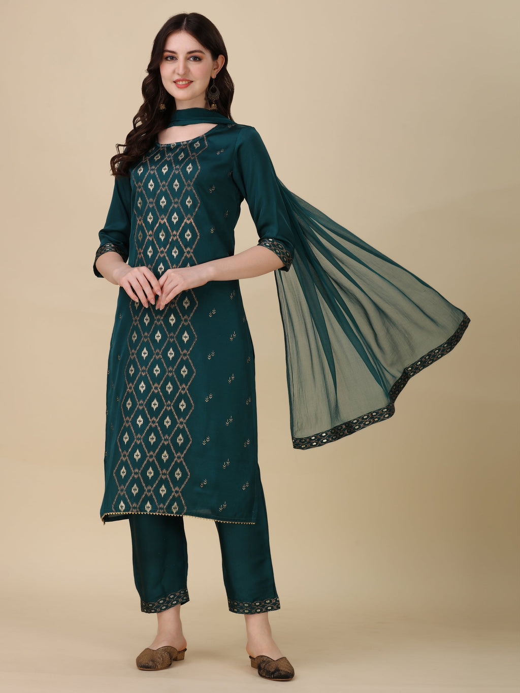 Foil Printed Kurta With Pant And Dupatta Set, Multicolor - Hiral Fashion | Grocsy