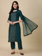 Foil Printed Kurta With Pant And Dupatta Set, Multicolor - Hiral Fashion | Grocsy