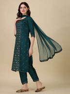 Foil Printed Kurta With Pant And Dupatta Set, Multicolor - Hiral Fashion | Grocsy