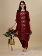 Foil Printed Kurta With Pant And Dupatta Set, Multicolor - Hiral Fashion | Grocsy