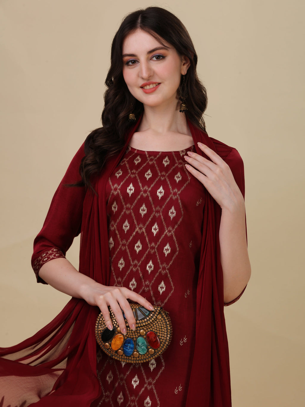 Foil Printed Kurta With Pant And Dupatta Set, Multicolor - Hiral Fashion | Grocsy